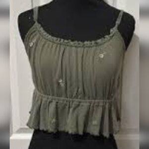 American Eagle Outfitters Large Olive Camisole with Embroidery And Flutter Hem